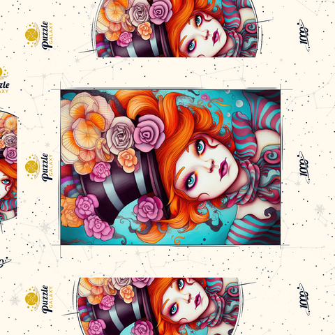 Darstellung des Puzzle Motivs Verspielte Frau mit gestreiftem Zylinderhut und floralen Akzenten Whimsical Woman with Striped Top Hat and Floral Accents 1000 Puzzle Schachtel 3D Modell