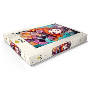 Darstellung des Puzzle Motivs Whimsical Woman with Striped Top Hat and Floral Accents 100 Puzzle Schachtel Ansicht1