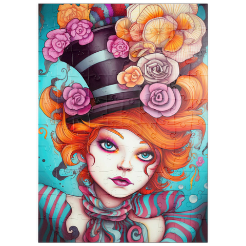 Darstellung des Puzzle Motivs Verspielte Frau mit gestreiftem Zylinderhut und floralen Akzenten puzzleplate Whimsical Woman with Striped Top Hat and Floral Accents 100 Puzzle