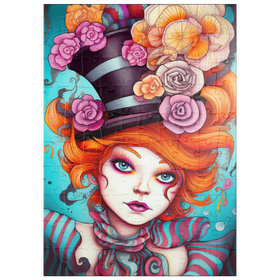 Darstellung des Puzzle Motivs Verspielte Frau mit gestreiftem Zylinderhut und floralen Akzenten - Puzzleteile: 100