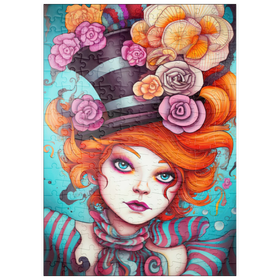 Darstellung des Puzzle-Motivs Verspielte Frau mit gestreiftem Zylinderhut und floralen Akzenten – Puzzleteile: 200