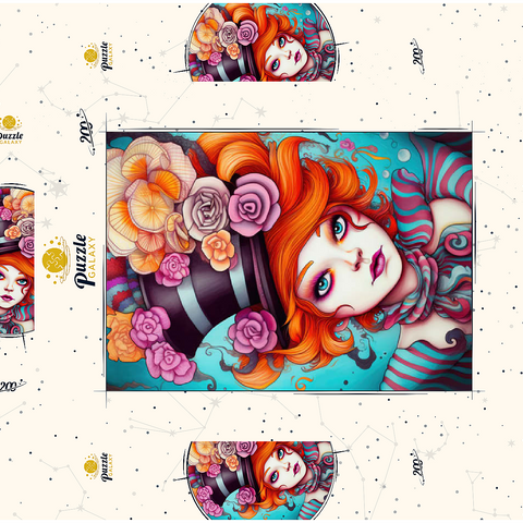 Darstellung des Puzzle Motivs Verspielte Frau mit gestreiftem Zylinderhut und floralen Akzenten Whimsical Woman with Striped Top Hat and Floral Accents 200 Puzzle Schachtel 3D Modell