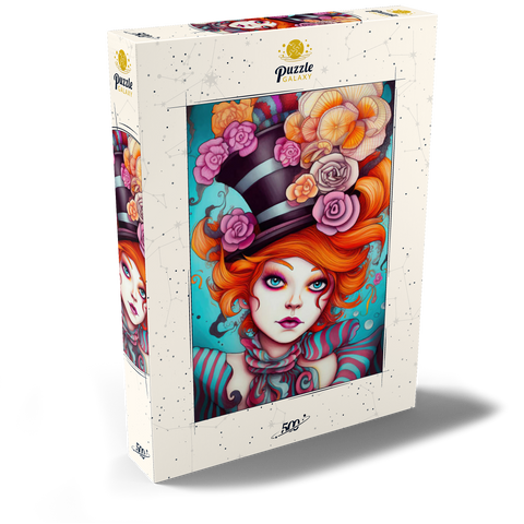 Darstellung des Puzzle Motivs Verspielte Frau mit gestreiftem Zylinderhut und floralen Akzenten Whimsical Woman with Striped Top Hat and Floral Accents 500 Puzzle Schachtel Ansicht2