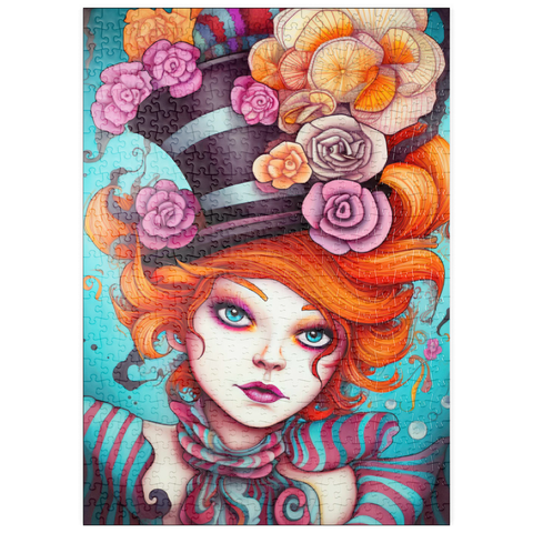 Darstellung des Puzzle Motivs Verspielte Frau mit gestreiftem Zylinderhut und floralen Akzenten puzzleplate Whimsical Woman with Striped Top Hat and Floral Accents 500 Puzzle
