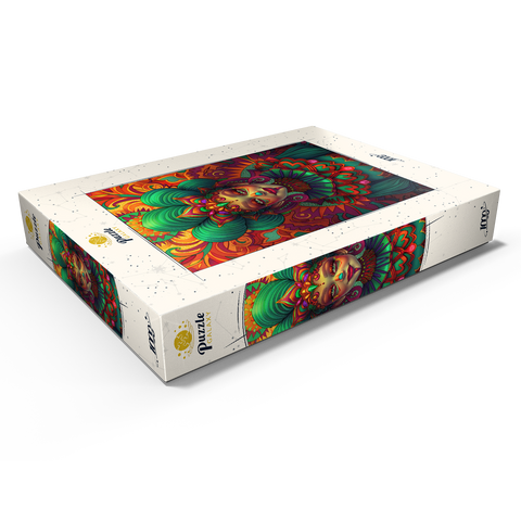 Darstellung des Puzzle Motivs Lebhafte Fantasiefigur in kunstvoller traditioneller Tracht Vibrant Fantasy Woman in Ornate Cultural Attire 1000 Puzzle Schachtel Ansicht1