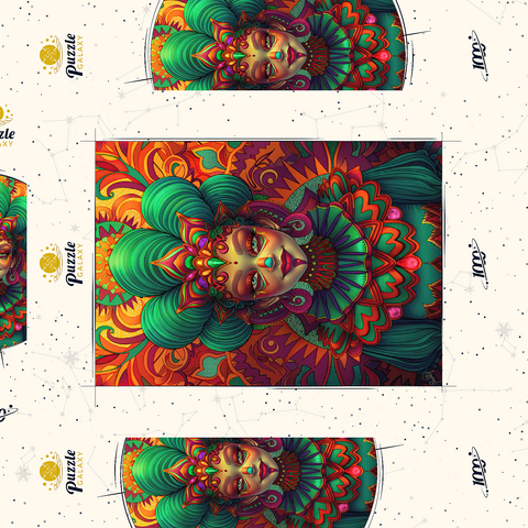 Darstellung des Puzzle Motivs Lebhafte Fantasiefigur in kunstvoller traditioneller Tracht Vibrant Fantasy Woman in Ornate Cultural Attire 1000 Puzzle Schachtel 3D Modell