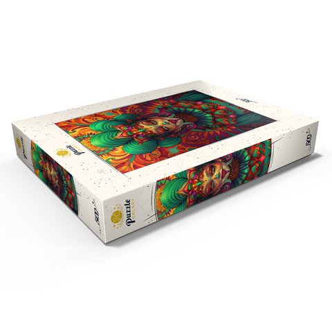 Darstellung des Puzzle Motivs Lebhafte Fantasiefigur in kunstvoller traditioneller Tracht Vibrant Fantasy Woman in Ornate Cultural Attire 500 Puzzle Schachtel Ansicht1