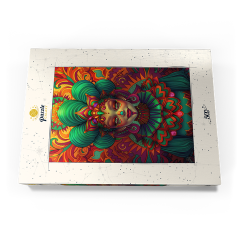 Darstellung des Puzzle Motivs Lebhafte Fantasiefigur in kunstvoller traditioneller Tracht Vibrant Fantasy Woman in Ornate Cultural Attire 500 Puzzle Schachtel Ansicht3