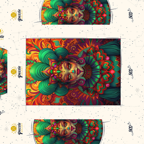Darstellung des Puzzle Motivs Lebhafte Fantasiefigur in kunstvoller traditioneller Tracht Vibrant Fantasy Woman in Ornate Cultural Attire 500 Puzzle Schachtel 3D Modell