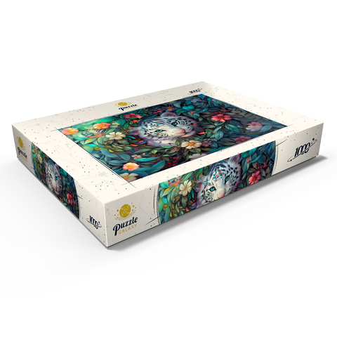 Darstellung des Puzzle Motivs Weißes Tigerjunges umgeben von bunten Dschungelblumen White Tiger Cub Surrounded by Vibrant Jungle Flowers 1000 Puzzle Schachtel Ansicht1