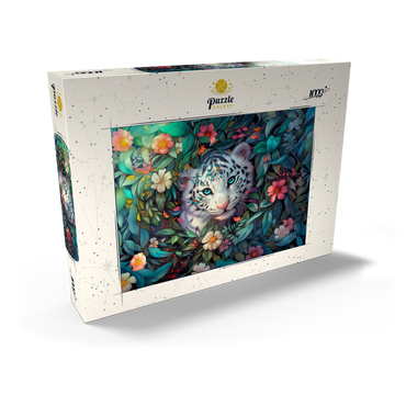 Darstellung des Puzzle Motivs White Tiger Cub Surrounded by Vibrant Jungle Flowers 1000 Puzzle Schachtel Ansicht2