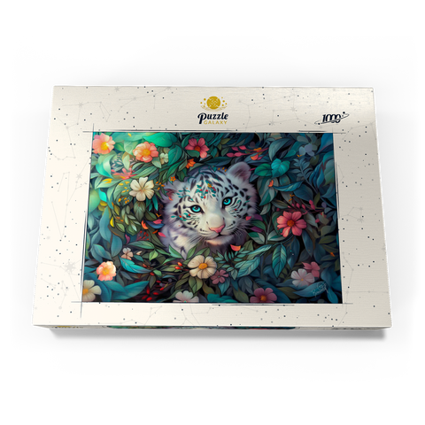 Darstellung des Puzzle Motivs Weißes Tigerjunges umgeben von bunten Dschungelblumen White Tiger Cub Surrounded by Vibrant Jungle Flowers 1000 Puzzle Schachtel Ansicht3
