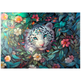 Darstellung des Puzzle-Motivs Weißes Tigerjunges umgeben von bunten Dschungelblumen – Puzzleteile: 1000