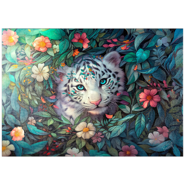 Darstellung des Puzzle Motivs puzzleplate White Tiger Cub Surrounded by Vibrant Jungle Flowers 1000 Puzzle
