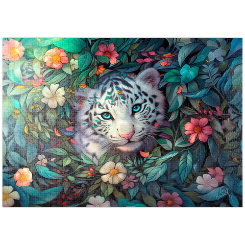 Darstellung des Puzzle Motivs Weißes Tigerjunges umgeben von bunten Dschungelblumen puzzleplate White Tiger Cub Surrounded by Vibrant Jungle Flowers 1000 Puzzle