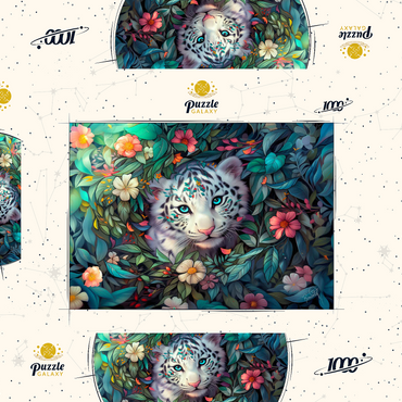 Darstellung des Puzzle Motivs White Tiger Cub Surrounded by Vibrant Jungle Flowers 1000 Puzzle Schachtel 3D Modell