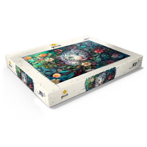 Darstellung des Puzzle Motivs Weißes Tigerjunges umgeben von bunten Dschungelblumen White Tiger Cub Surrounded by Vibrant Jungle Flowers 100 Puzzle Schachtel Ansicht1