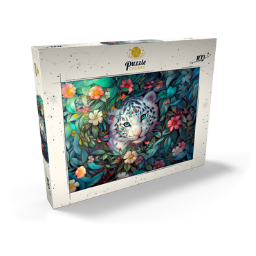 Darstellung des Puzzle Motivs White Tiger Cub Surrounded by Vibrant Jungle Flowers 100 Puzzle Schachtel Ansicht2
