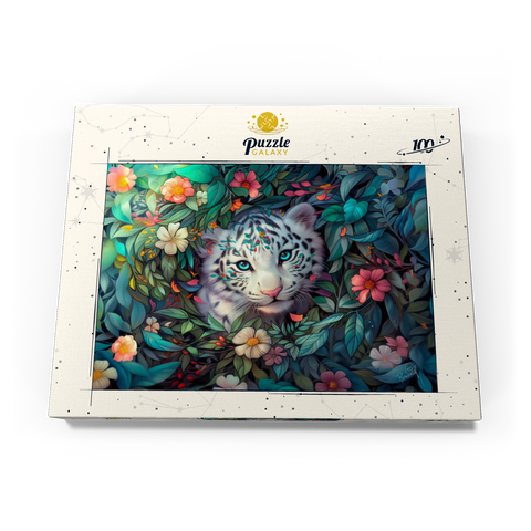 Darstellung des Puzzle Motivs Weißes Tigerjunges umgeben von bunten Dschungelblumen White Tiger Cub Surrounded by Vibrant Jungle Flowers 100 Puzzle Schachtel Ansicht3