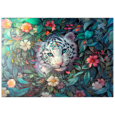 Darstellung des Puzzle Motivs puzzleplate White Tiger Cub Surrounded by Vibrant Jungle Flowers 100 Puzzle