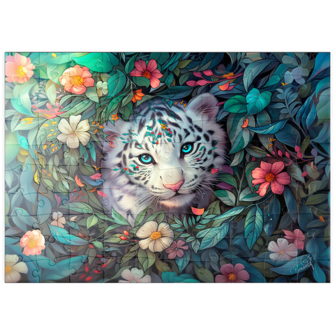Darstellung des Puzzle Motivs Weißes Tigerjunges umgeben von bunten Dschungelblumen puzzleplate White Tiger Cub Surrounded by Vibrant Jungle Flowers 100 Puzzle
