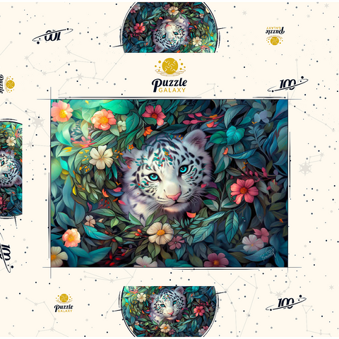 Darstellung des Puzzle Motivs Weißes Tigerjunges umgeben von bunten Dschungelblumen White Tiger Cub Surrounded by Vibrant Jungle Flowers 100 Puzzle Schachtel 3D Modell