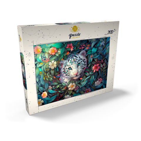 Darstellung des Puzzle Motivs Weißes Tigerjunges umgeben von bunten Dschungelblumen White Tiger Cub Surrounded by Vibrant Jungle Flowers 200 Puzzle Schachtel Ansicht2