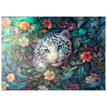 Darstellung des Puzzle Motivs puzzleplate White Tiger Cub Surrounded by Vibrant Jungle Flowers 200 Puzzle