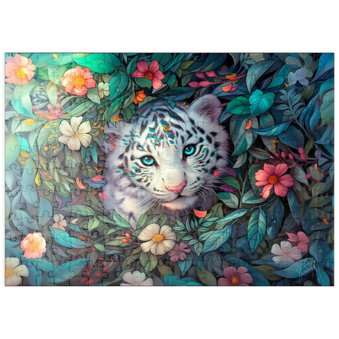 Darstellung des Puzzle Motivs Weißes Tigerjunges umgeben von bunten Dschungelblumen puzzleplate White Tiger Cub Surrounded by Vibrant Jungle Flowers 200 Puzzle