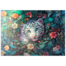 Darstellung des Puzzle Motivs Weißes Tigerjunges umgeben von bunten Dschungelblumen - Puzzleteile: 200