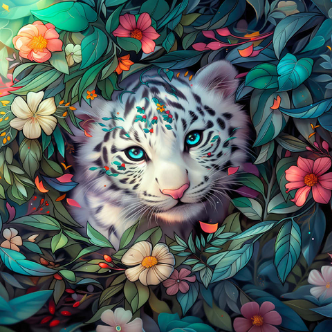 Darstellung des Puzzle Motivs Weißes Tigerjunges umgeben von bunten Dschungelblumen White Tiger Cub Surrounded by Vibrant Jungle Flowers 200 Puzzle 3D Modell