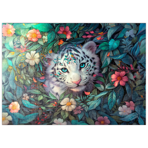 Darstellung des Puzzle Motivs Weißes Tigerjunges umgeben von bunten Dschungelblumen puzzleplate White Tiger Cub Surrounded by Vibrant Jungle Flowers 500 Puzzle