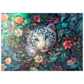 Darstellung des Puzzle Motivs Weißes Tigerjunges umgeben von bunten Dschungelblumen - Puzzleteile: 500