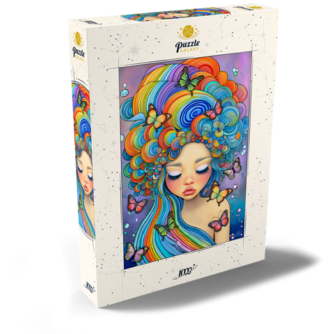 Darstellung des Puzzle Motivs Verträumtes Mädchen mit Regenbogenhaaren und Schmetterlingen Dreamy Girl with Rainbow Hair and Butterflies 1000 Puzzle Schachtel Ansicht2