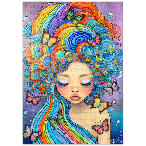 Darstellung des Puzzle Motivs Verträumtes Mädchen mit Regenbogenhaaren und Schmetterlingen puzzleplate Dreamy Girl with Rainbow Hair and Butterflies 1000 Puzzle