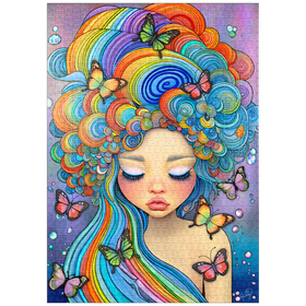 Darstellung des Puzzle Motivs Verträumtes Mädchen mit Regenbogenhaaren und Schmetterlingen - Puzzleteile: 1000
