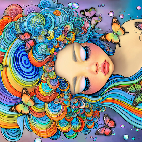 Darstellung des Puzzle Motivs Verträumtes Mädchen mit Regenbogenhaaren und Schmetterlingen Dreamy Girl with Rainbow Hair and Butterflies 1000 Puzzle 3D Modell