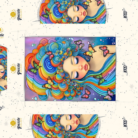 Darstellung des Puzzle Motivs Verträumtes Mädchen mit Regenbogenhaaren und Schmetterlingen Dreamy Girl with Rainbow Hair and Butterflies 1000 Puzzle Schachtel 3D Modell