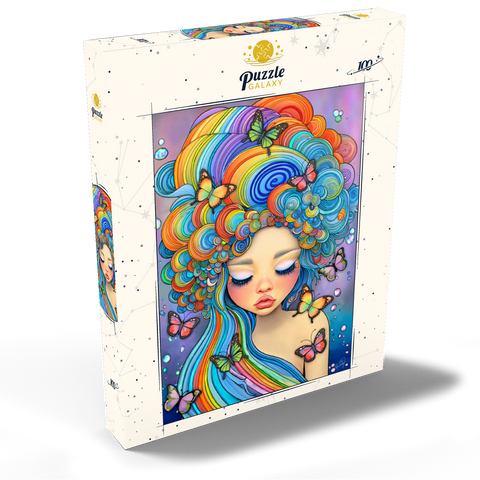 Darstellung des Puzzle Motivs Verträumtes Mädchen mit Regenbogenhaaren und Schmetterlingen Dreamy Girl with Rainbow Hair and Butterflies 100 Puzzle Schachtel Ansicht2