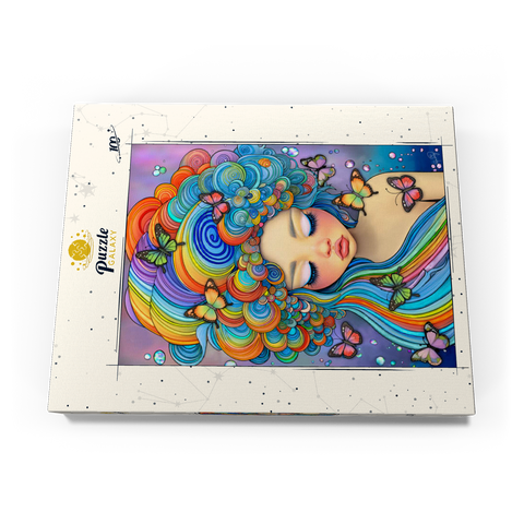 Darstellung des Puzzle Motivs Verträumtes Mädchen mit Regenbogenhaaren und Schmetterlingen Dreamy Girl with Rainbow Hair and Butterflies 100 Puzzle Schachtel Ansicht3