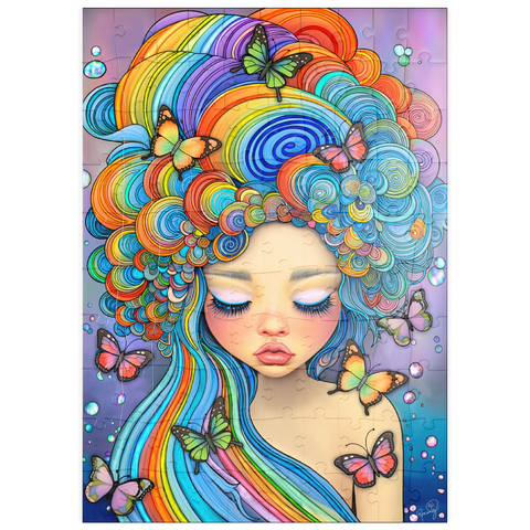 Darstellung des Puzzle Motivs Verträumtes Mädchen mit Regenbogenhaaren und Schmetterlingen puzzleplate Dreamy Girl with Rainbow Hair and Butterflies 100 Puzzle