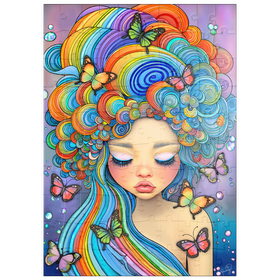 Darstellung des Puzzle Motivs Verträumtes Mädchen mit Regenbogenhaaren und Schmetterlingen - Puzzleteile: 100