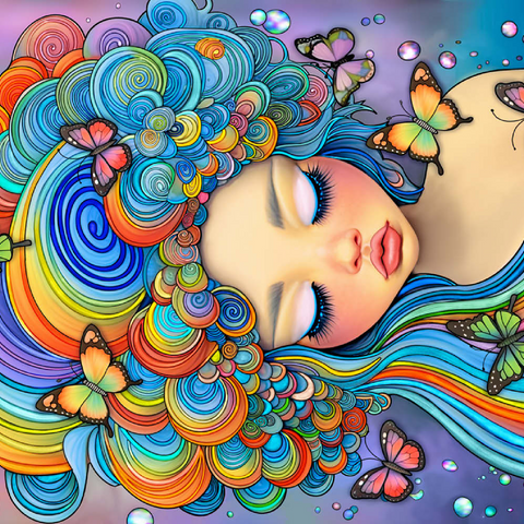 Darstellung des Puzzle Motivs Verträumtes Mädchen mit Regenbogenhaaren und Schmetterlingen Dreamy Girl with Rainbow Hair and Butterflies 100 Puzzle 3D Modell