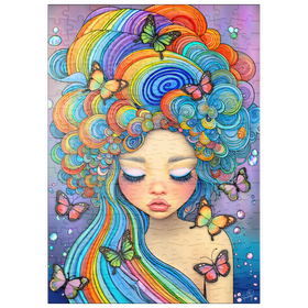 Darstellung des Puzzle-Motivs Verträumtes Mädchen mit Regenbogenhaaren und Schmetterlingen – Puzzleteile: 200
