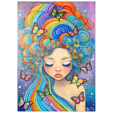 Darstellung des Puzzle Motivs Verträumtes Mädchen mit Regenbogenhaaren und Schmetterlingen puzzleplate Dreamy Girl with Rainbow Hair and Butterflies 200 Puzzle