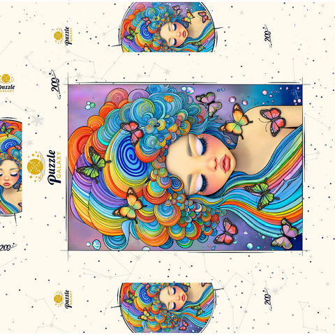 Darstellung des Puzzle Motivs Verträumtes Mädchen mit Regenbogenhaaren und Schmetterlingen Dreamy Girl with Rainbow Hair and Butterflies 200 Puzzle Schachtel 3D Modell