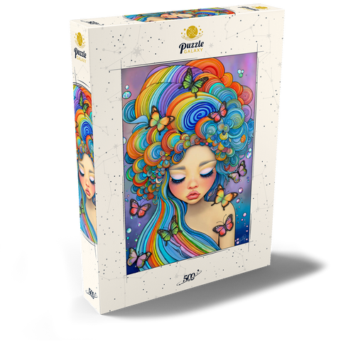 Darstellung des Puzzle Motivs Verträumtes Mädchen mit Regenbogenhaaren und Schmetterlingen Dreamy Girl with Rainbow Hair and Butterflies 500 Puzzle Schachtel Ansicht2