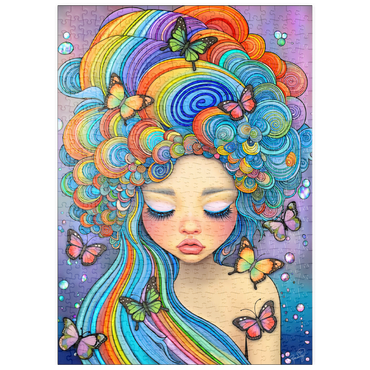 Darstellung des Puzzle Motivs puzzleplate Dreamy Girl with Rainbow Hair and Butterflies 500 Puzzle