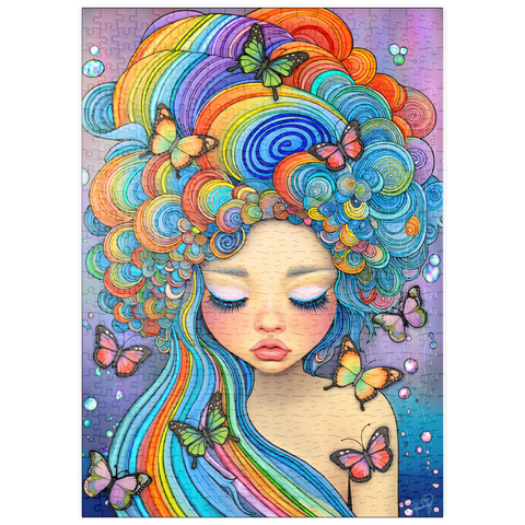 Darstellung des Puzzle Motivs Verträumtes Mädchen mit Regenbogenhaaren und Schmetterlingen puzzleplate Dreamy Girl with Rainbow Hair and Butterflies 500 Puzzle