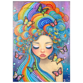Darstellung des Puzzle Motivs Verträumtes Mädchen mit Regenbogenhaaren und Schmetterlingen - Puzzleteile: 500